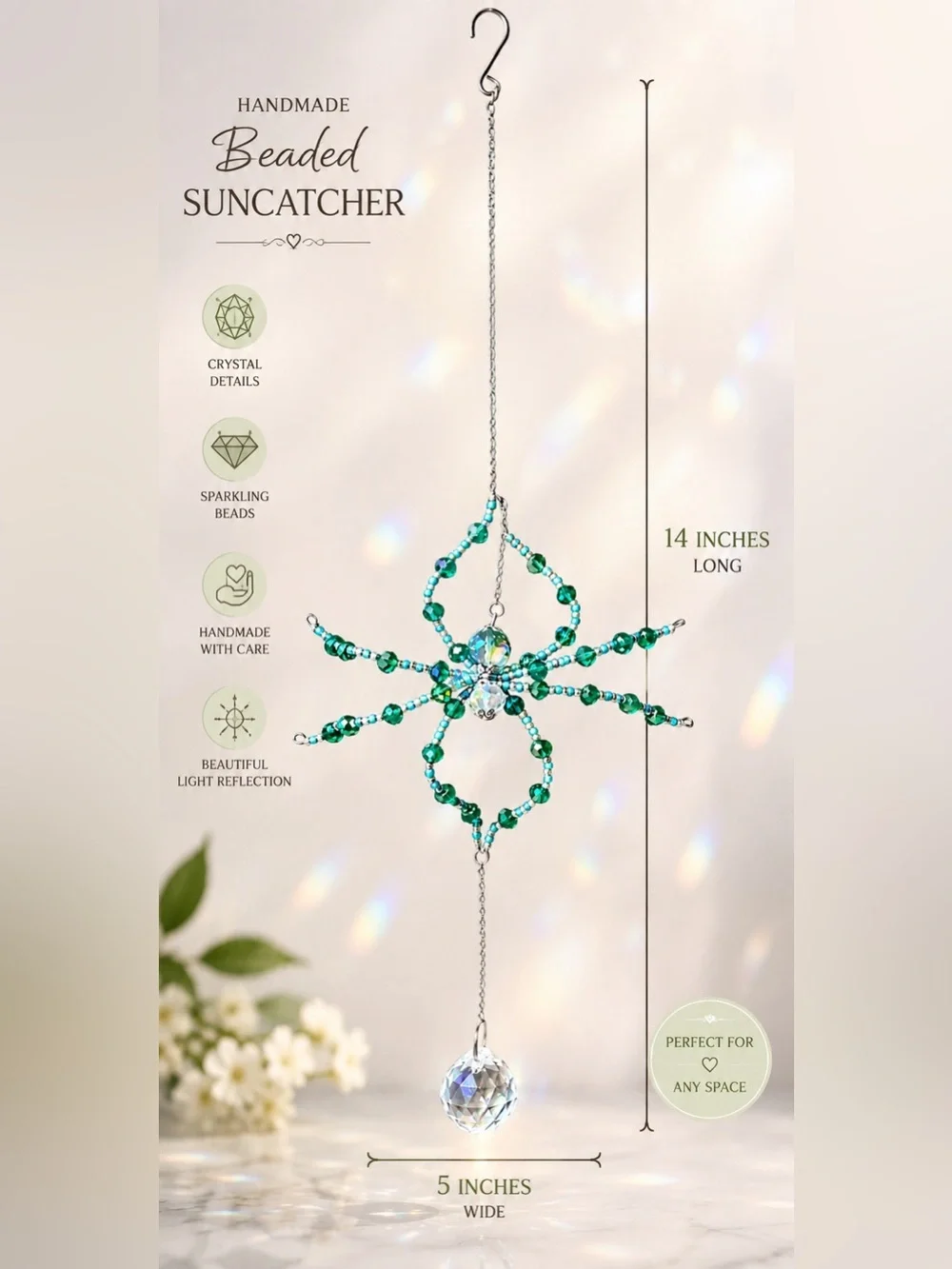 Emerald Green Beaded Spider Crystal Suncatcher